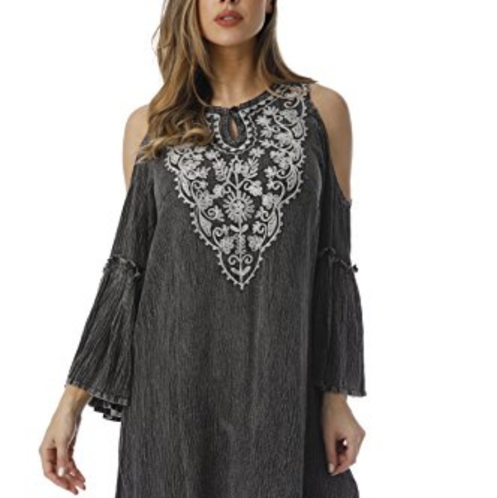 RIVIERA SUN COLD SHOULDER EMBROIDERED CASUAL DRESS CHARCOAL BLACK SIZE LARG